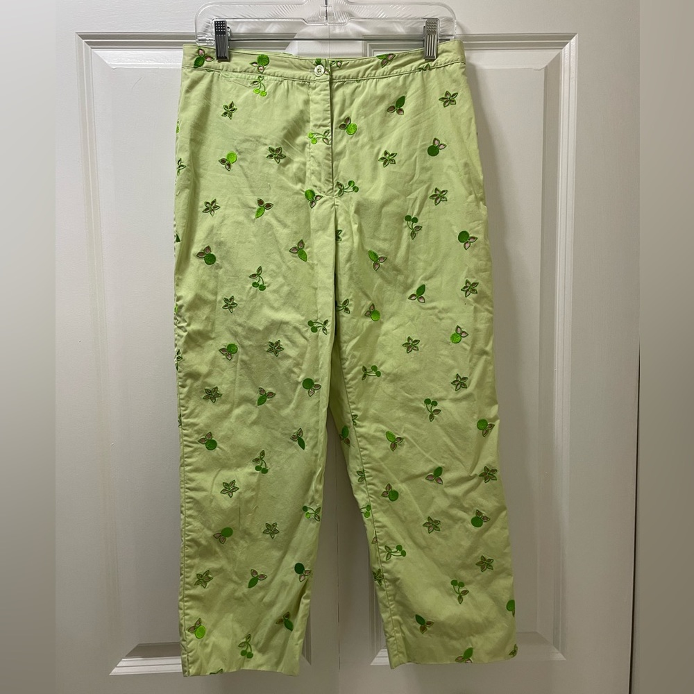 Rare Lily Pulitzer Size 8, Pink Lined Cherry / Fruit Green Pants Embroidered EUC